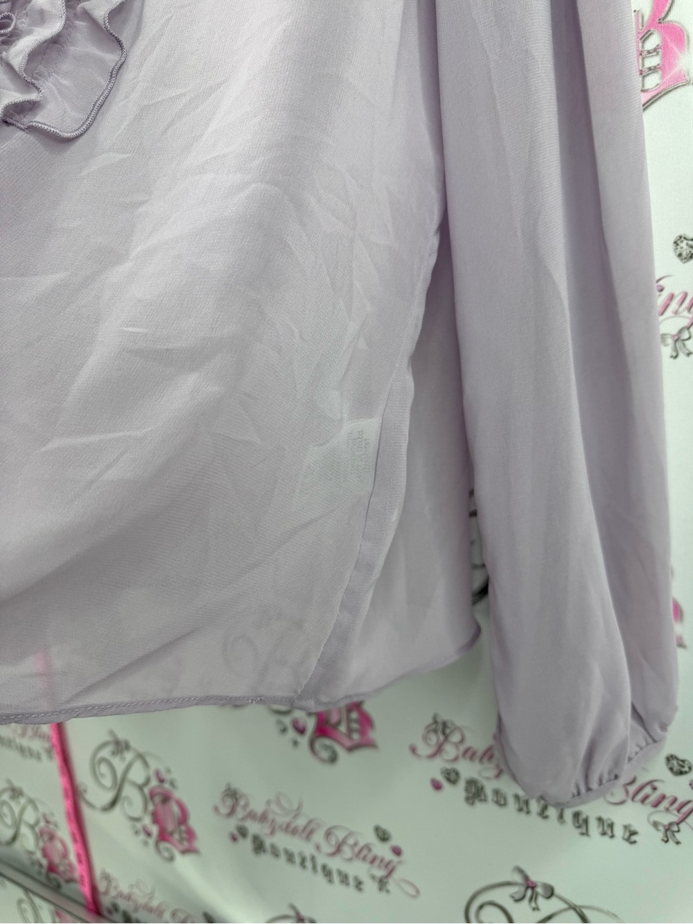 cleo shirt blouse ruffles frilly tie up ribbon Lavender Ruffle Tie-Neck Blouse - Picture 4 of 11